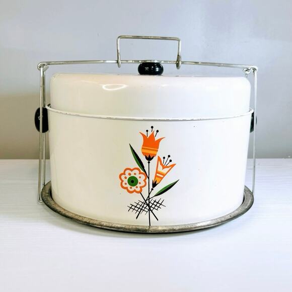 Vintage MCM Deco Floral Metal Cake Carrier - Picture 2 of 9